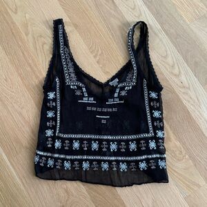 Black sheer boho style embroidered tank Size S
